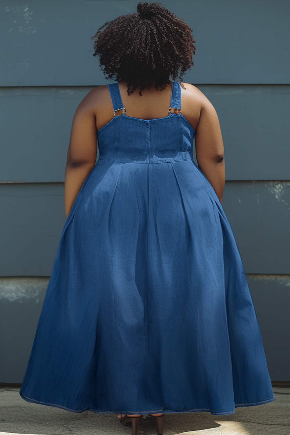 Design Plus Size Daily Blue Button Overall Tencel Denim Maxi Dresses [Pre-Order]