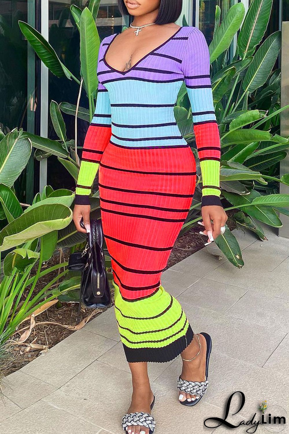 Pink Sexy Striped Print Patchwork V Neck Pencil Skirt Dresses