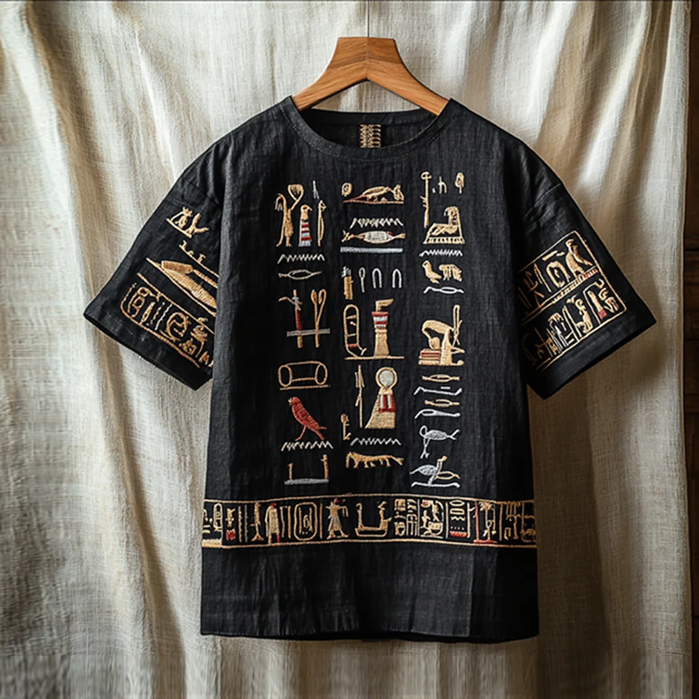 Egyptian Embroidery Loose Linen Round Neck Short Sleeve