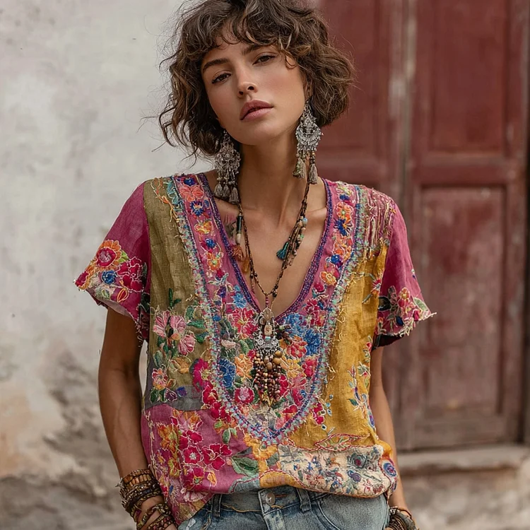 Women's Vintage Bohemian Floral Embroidery Art Patchwork V-neck Linen Blend T-shirt
