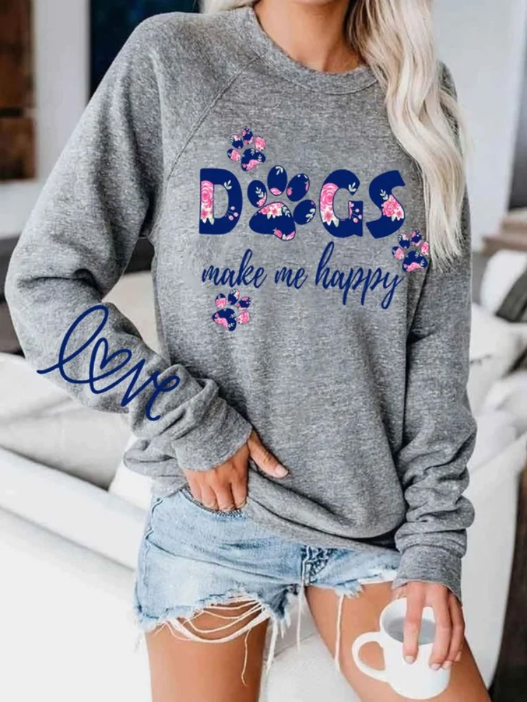 Vefave Floral Dog Paw And Letters Print Casual Sweatshirt
