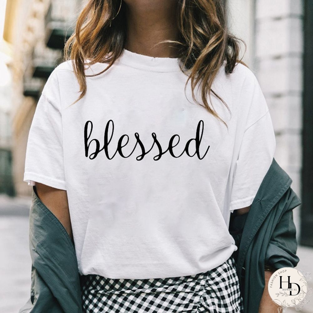 Womens Fashion Blessed PrintT-shirtsSummer Casual Loose Round-neck Creative Personalized