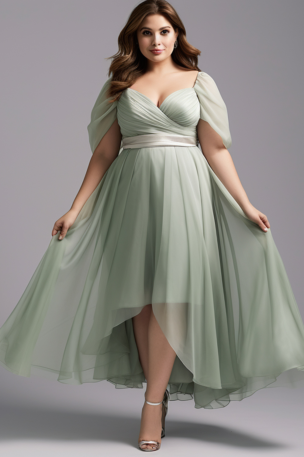 Flycurvy Plus Size Wedding Guest Sage Green Wrap Chiffon Wrap High Low Hem Maxi Dress 2024 - Flycurvy 