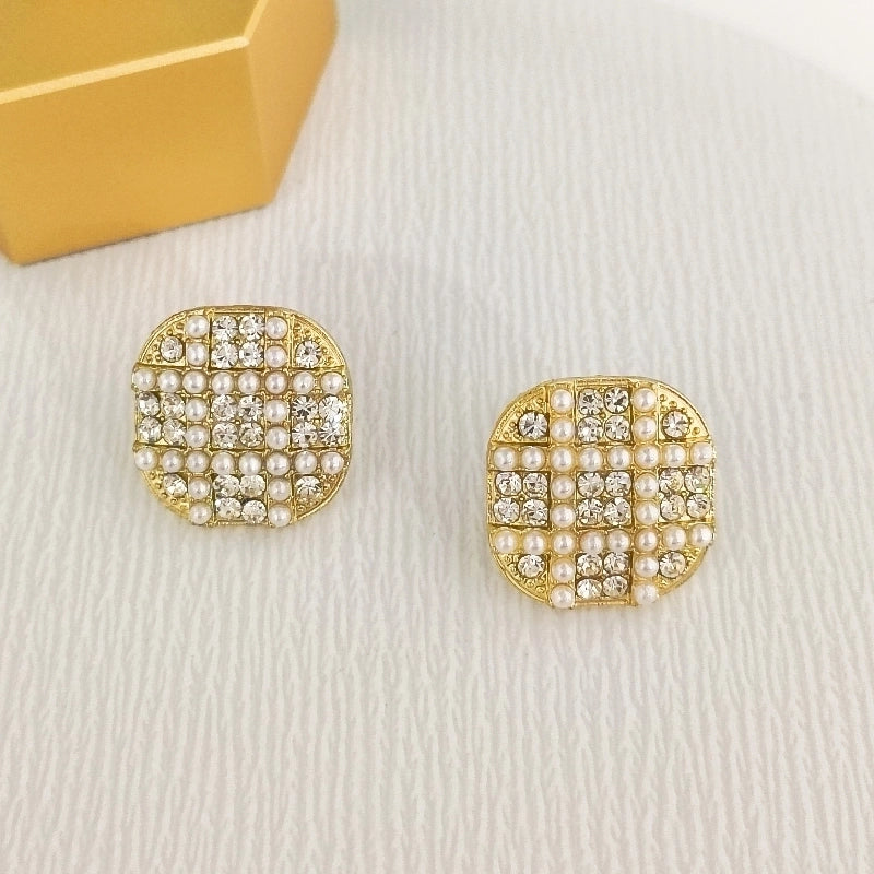 1 Pair Elegant Streetwear Commute Square Inlay Alloy Artificial Pearls Rhinestones Gold Plated Ear Studs