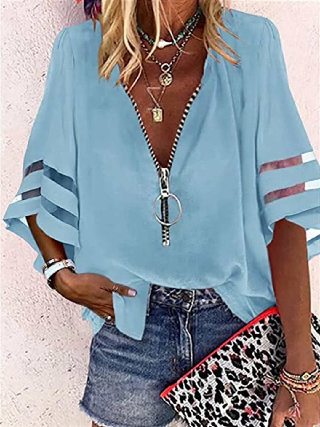Women Half Sleeve V-neck Solid Color Zipper Tops