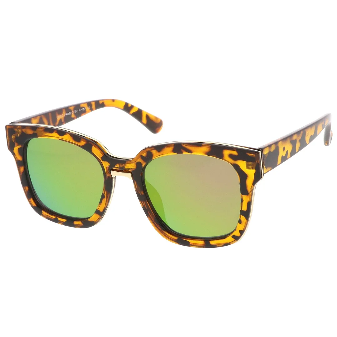 Modern Metal Trim Bridge Square Mirror Flat Lens Horn Rimmed glasses 50mm