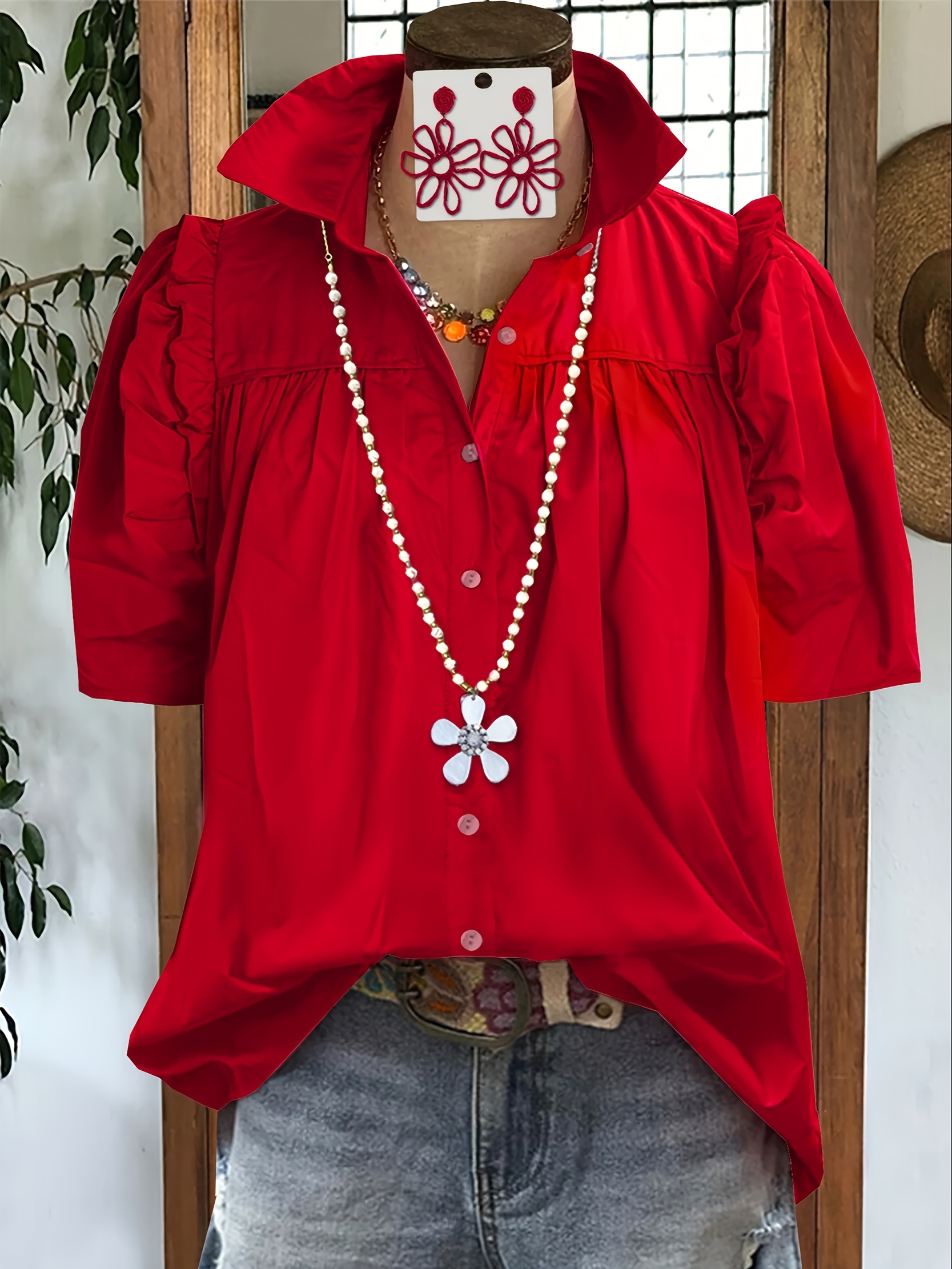 Women's Casual V-Neck Blouse With Ruffled Lace Sleeves - Solid Color Red Short Sleeve Shirt Top, Lightweight Polyester Fabric, Perfect For Spring/Summer/Fall, Stylish And Comfortable Design, Ladies Blouse | IFYHOME