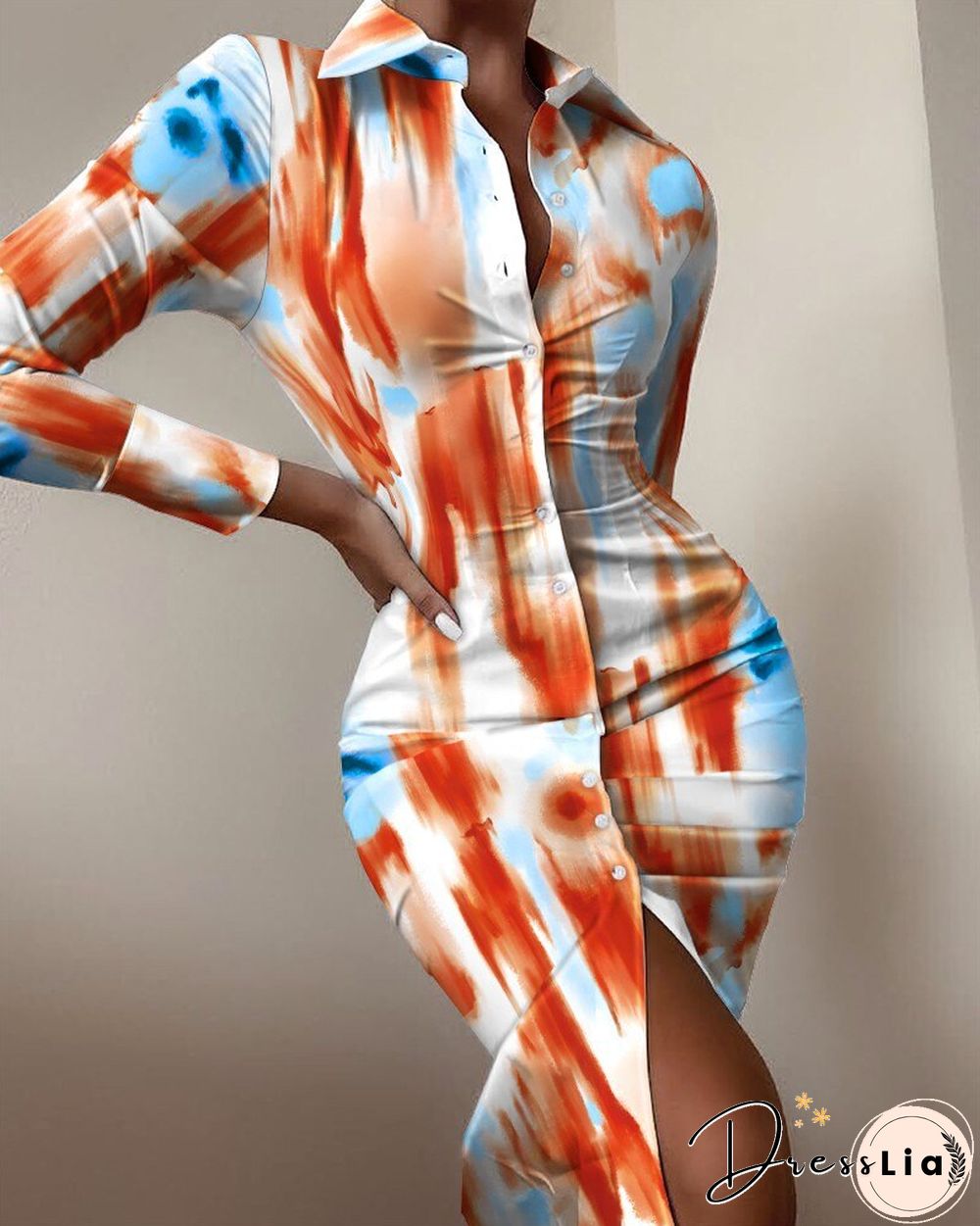 Sexy floral print dress women autumn long sleeve v-neck high waist bandage button slim