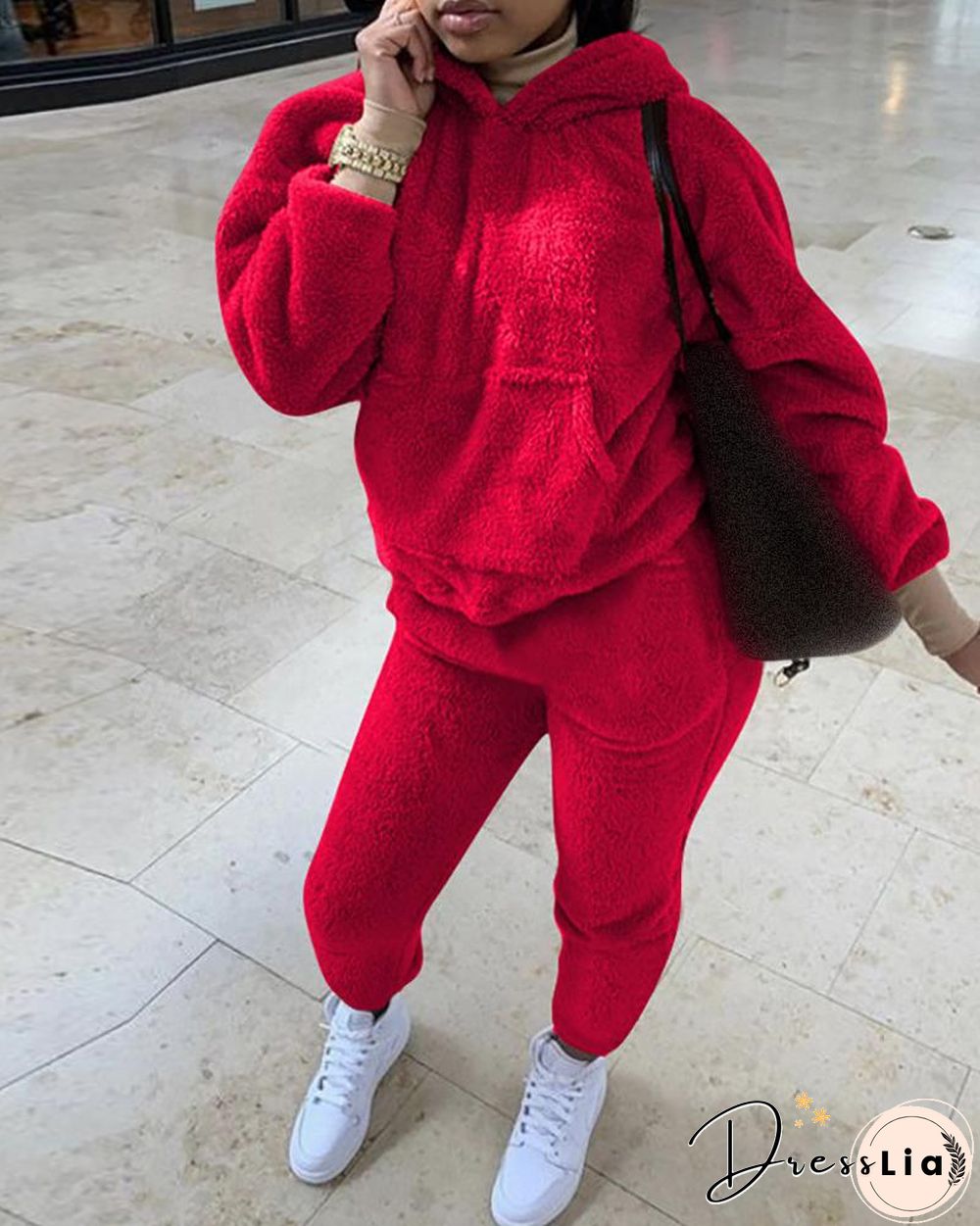 Plain Fluffy Teddy Hooded Top & Pants Set
