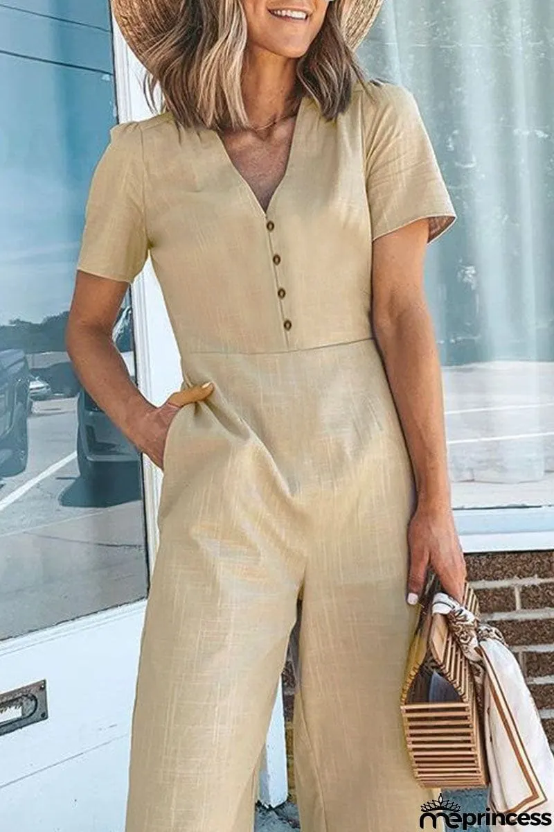 Button V Neck Short Sleeve Jumpsuits