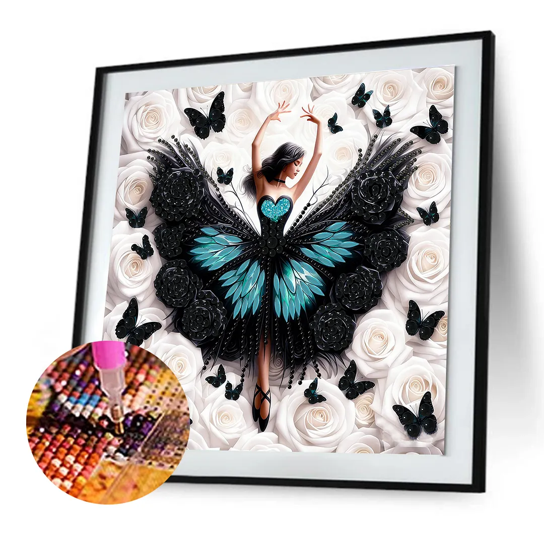 Diamond Painting - Partial Special Shaped Drill - Black Butterfly Girl(Canvas|30x30cm)