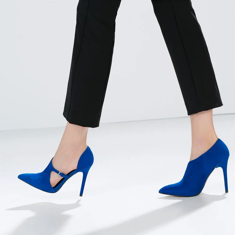 Blue 4 Inch Heels Vegan Suede Buckled Pointed Toe Stiletto Shoes |FSJ Shoes