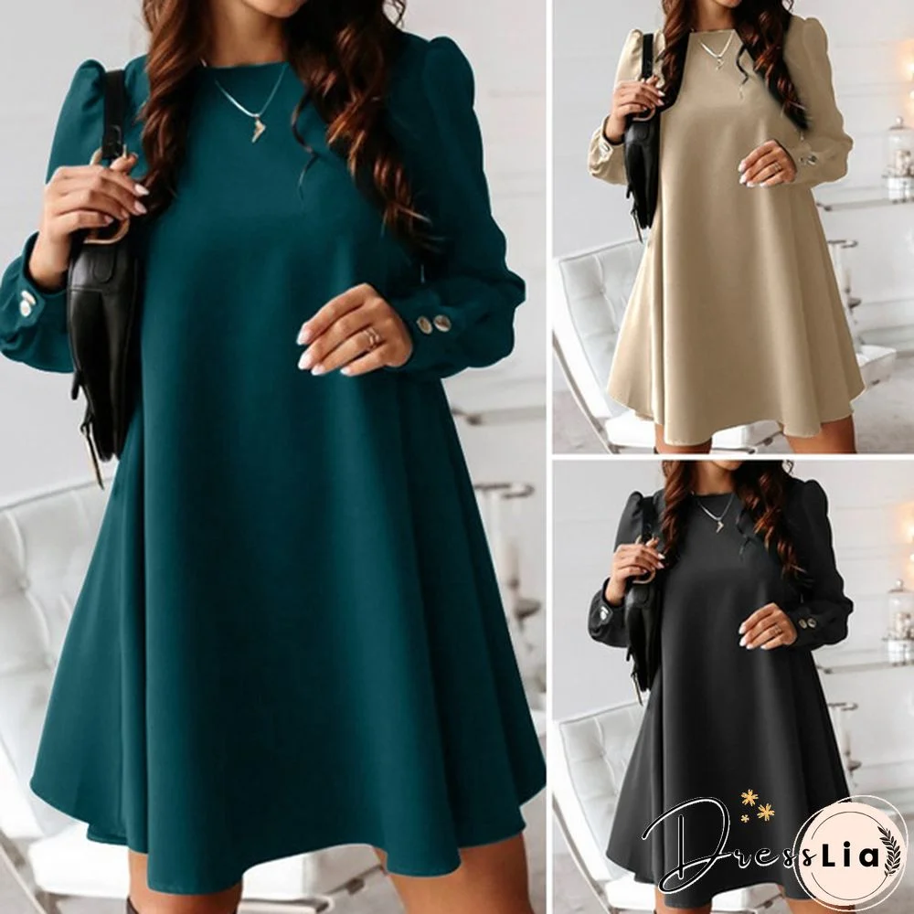 Womens O Neck Solid Loose Casual Party Cocktail Dress A Line Evening Mini Dress