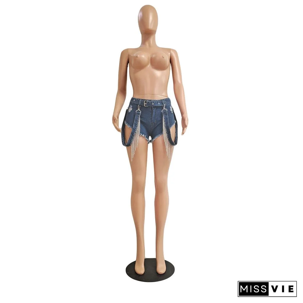 Low Waist Ripped Holes Tassel Hot Drill Denim Shorts