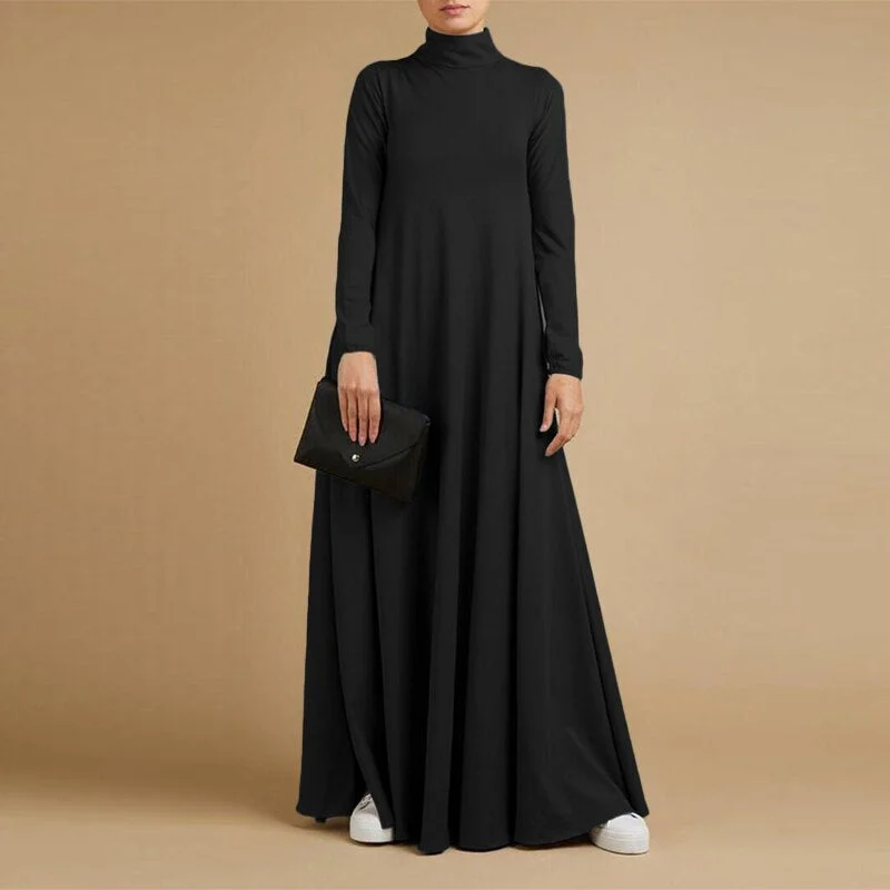 Fashion Women Maxi Long Dress Autumn Turtleneck Long Sleeve Kaftan Party Vestido ZANZEA Elegant Solid Casual Sundress Robe Femme