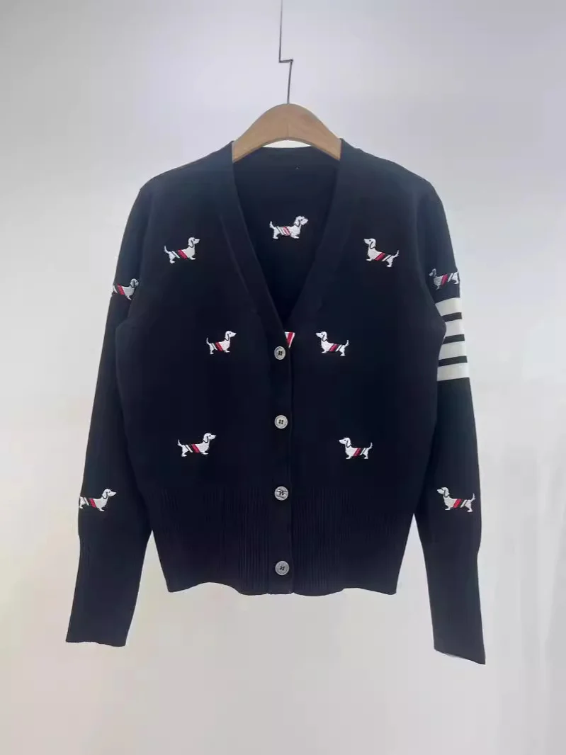Nigikala Nigikala College Wind Puppy Embroidery V Collar Knitted Cardigan Sweater Coat Four Bar Thin Japanese, South Korea, Japan And South Korea Wind