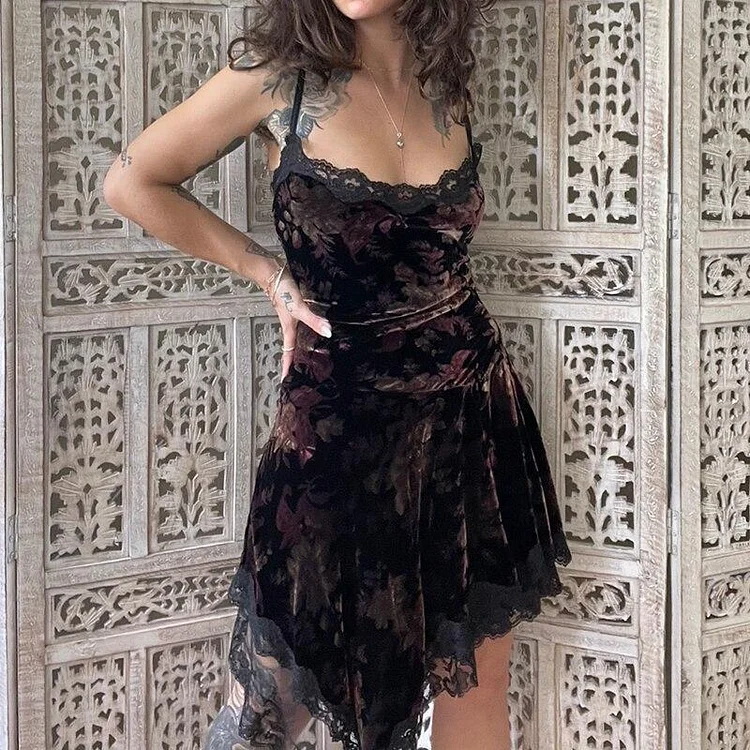 GOTH LACE TRIM PATTERNED BROWN MINI DRESS