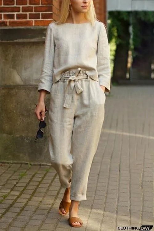 Linen O Neck Long Sleeve Pants Set