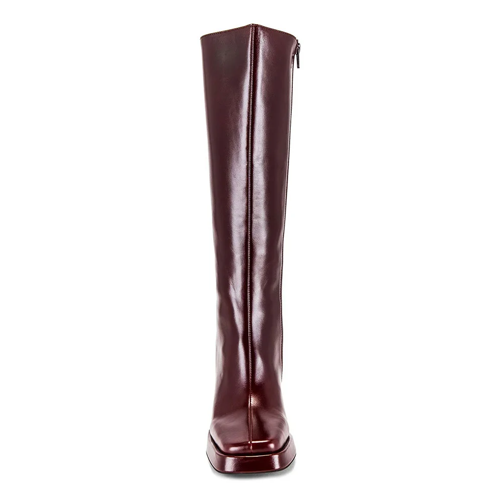 Brown Square Toe Chunky Heel Platform Side Zipper Knee High Boots