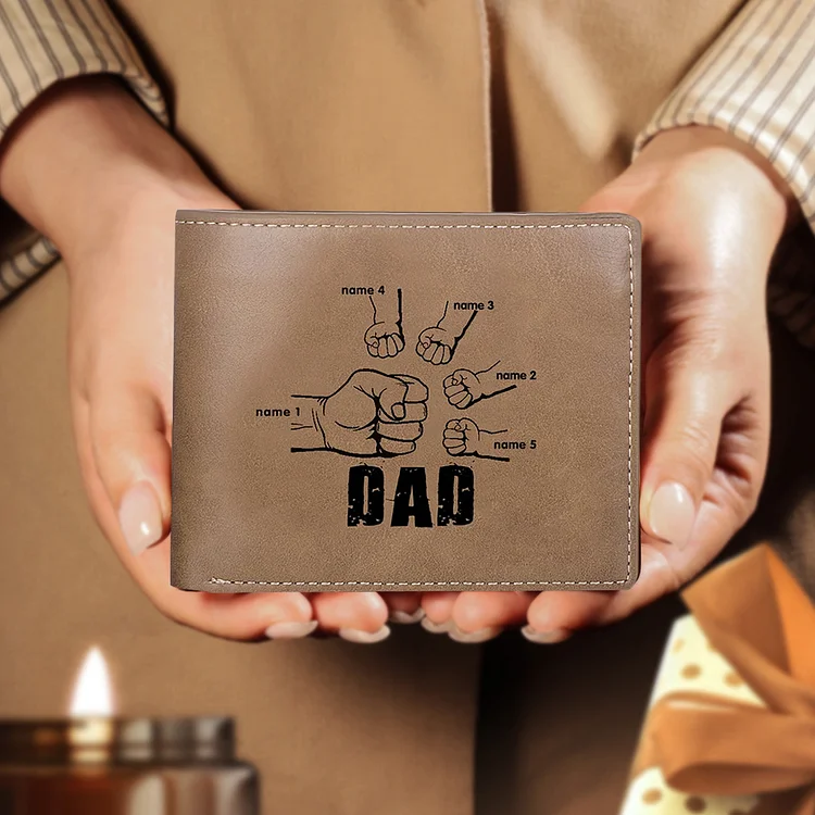 Personalised Leather Mens Wallet Engraved 5 Names Fist Bump Folding Wallet Father's Day Gifts