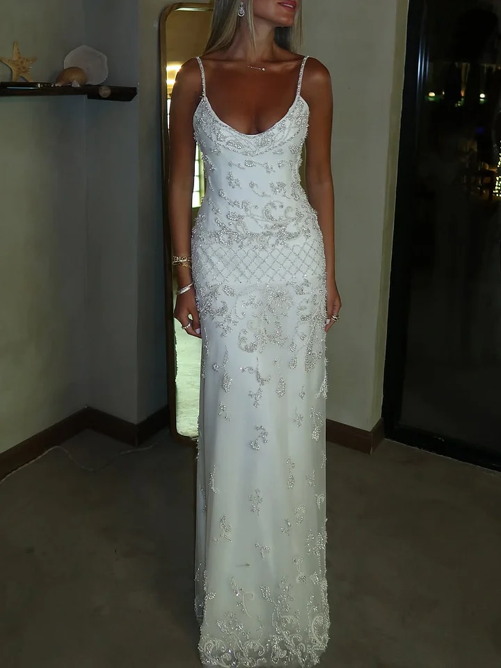 Lussooy Dreamy White Spaghetti Strap Sleeveless Prom Dress with Beadings 