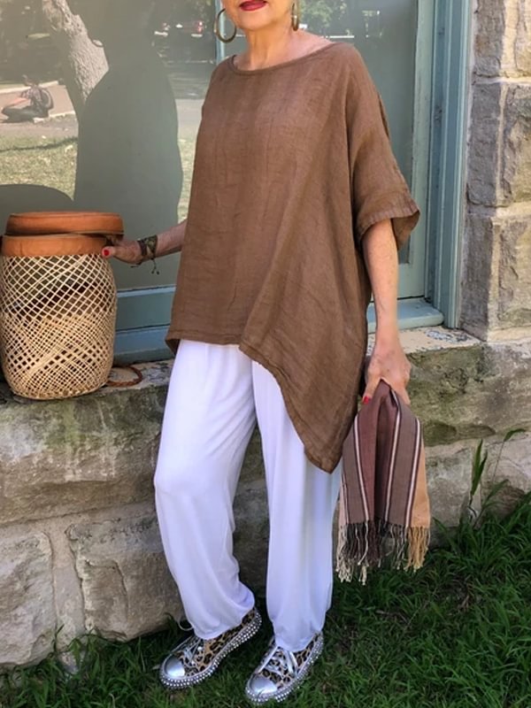 Women's solid color linen top and trousers suit