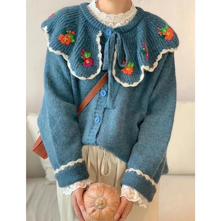 Queenfunky cottagecore style Cottagecore Hand Embroidered Wool Sweater QueenFunky
