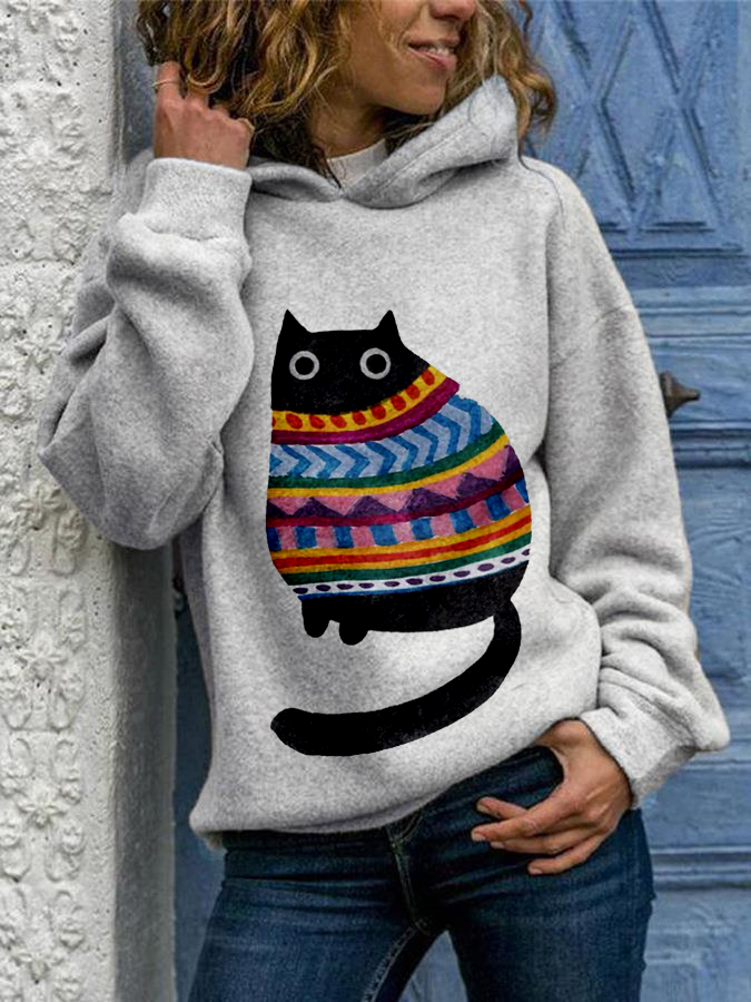 Ladies Cute Clothes Cat Print Loose Crew Neck Sweatshirt