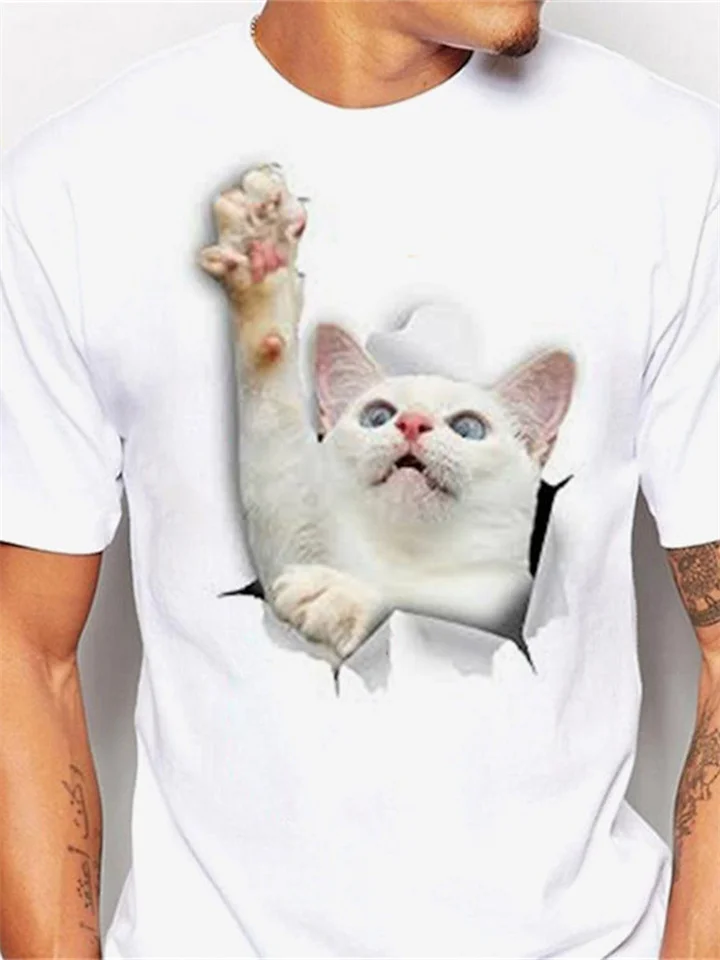 White Short-sleeved Men's Tops Cat Design Printed T-shirt | 168DEAL