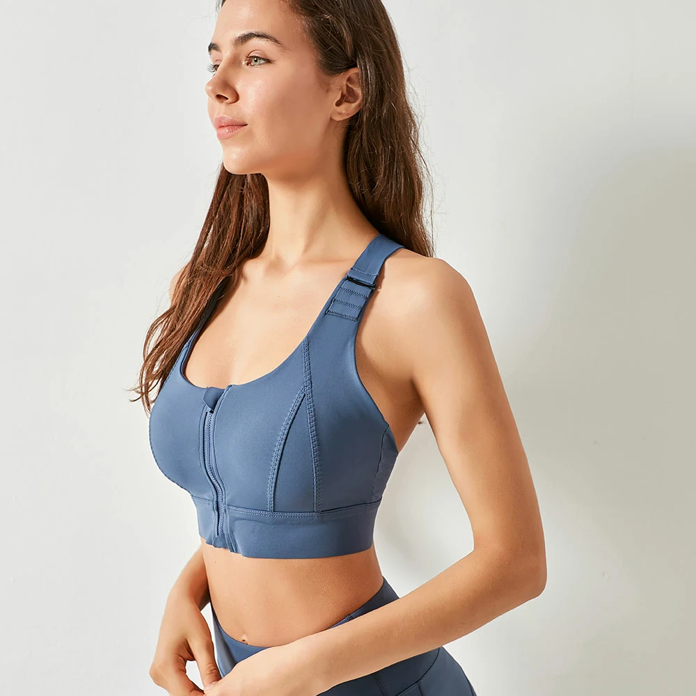 Blue zip front sports bra adjustable straps at Hergymclothing sportswear online shop