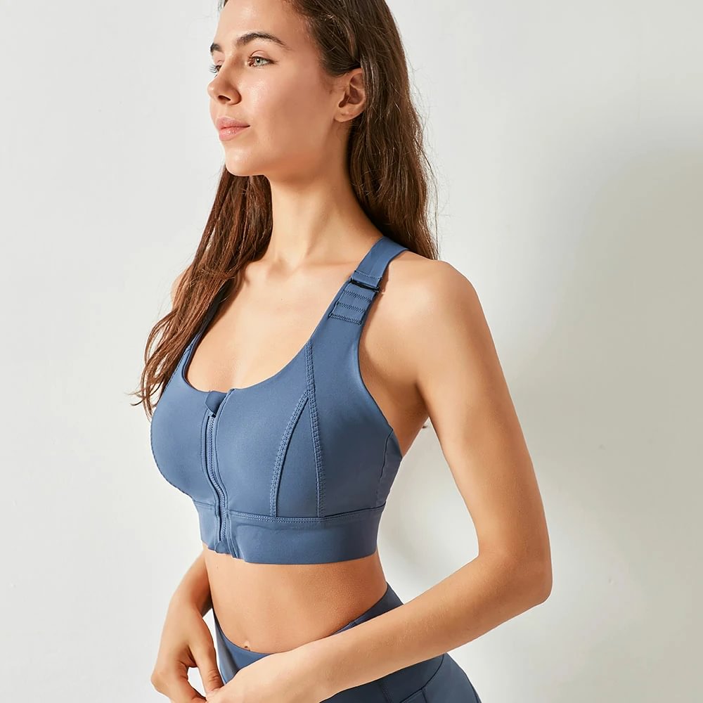 Blue zip front sports bra adjustable straps at Hergymclothing sportswear online shop
