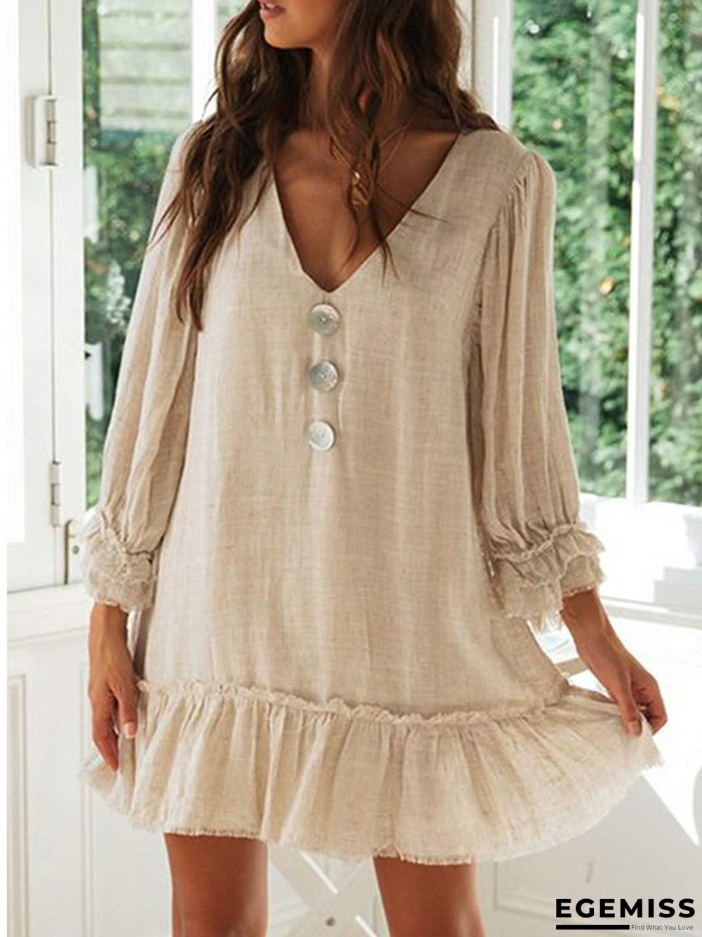 A-line Skirt Loose Long Sleeve Ruffle Hem Cotton Linen Dress | EGEMISS