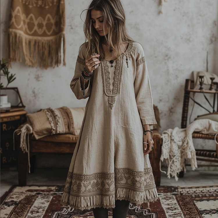Utbros Vintage Traditional Embroidery Art Linen Maxi Long Dress