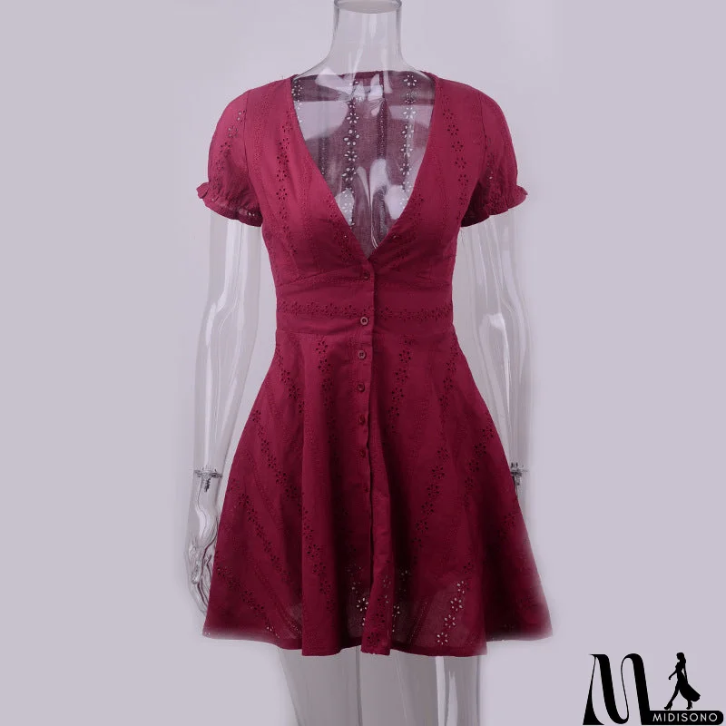 MidiSono - Women'S High Waist Embroidered V-Neck Dress