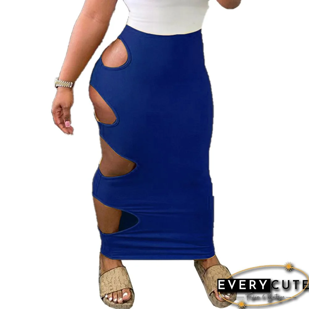 Royal Blue Solid Side Holes Bodycon Maxi Skirt