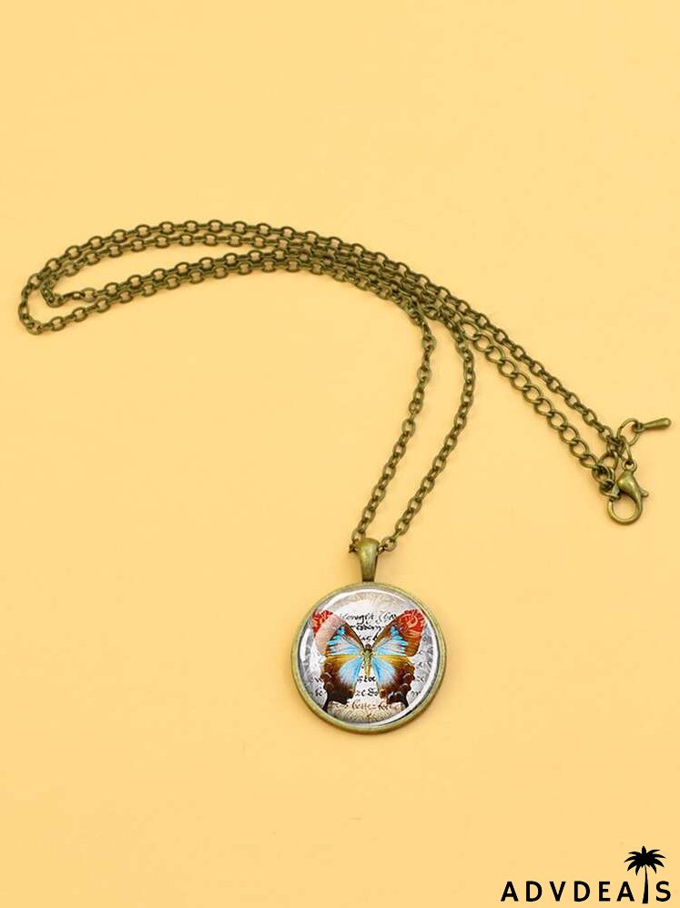 Butterfly Print Round Charm Necklace