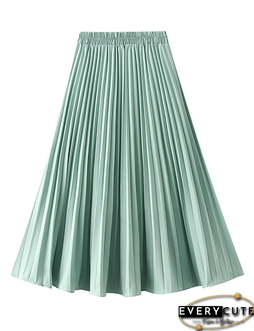 Light Green Elastic Waist A-line Pleated Maxi Skirt