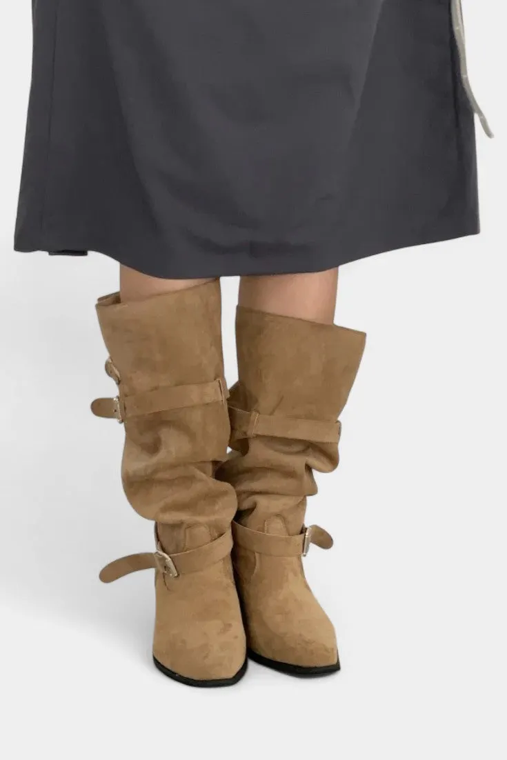Western-Style Slouchy Tall Boots with Buckle Details