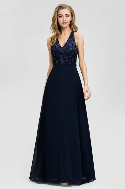 Navy V-Neck Halter Appliques Long Prom Dress - lulusllly