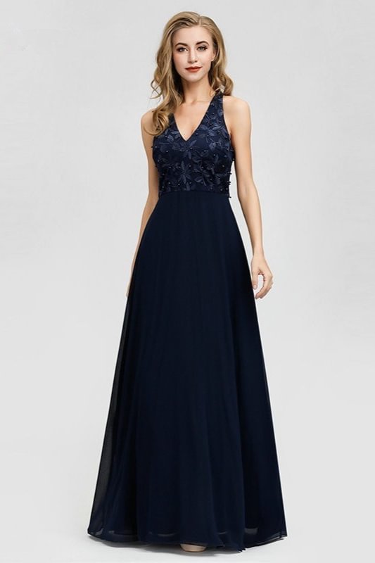 Navy V-Neck Halter Appliques Long Prom Dress - lulusllly