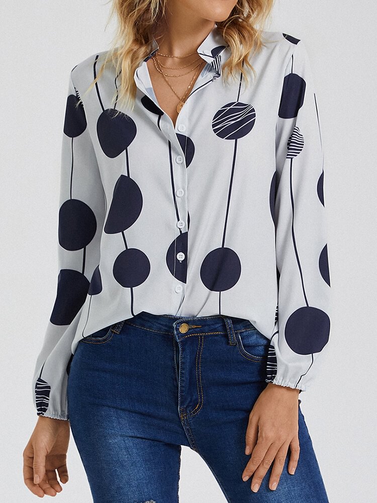 Women Dot Stripe Print Button Long Sleeve Stand Collar Blouse P1834631