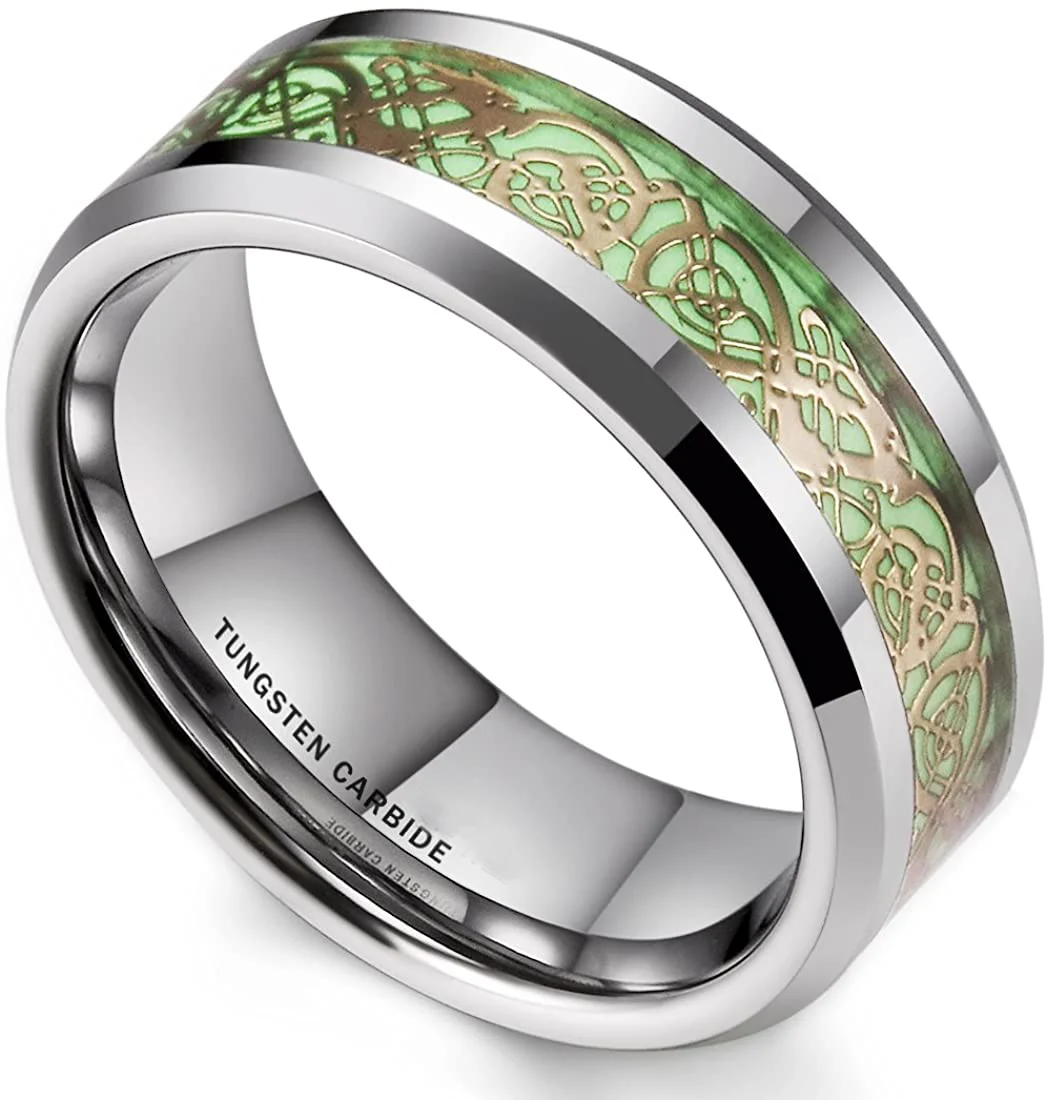 Women's Or Men's Aurora 6MM 8MM Luminou Glow Tungsten Carbide Rings carbon fiber Gold Celtic Dragon Knot Wedding Bands custom