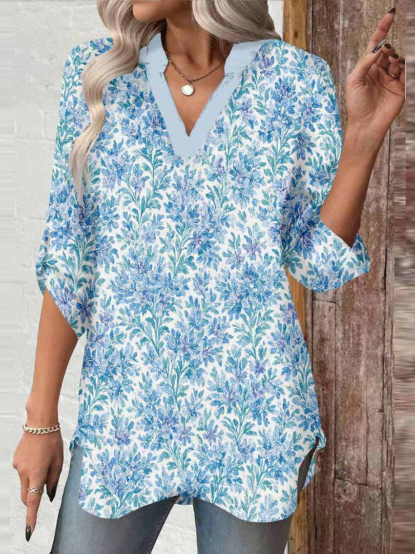 Women Floral, Blue, Green DZGA0183 3/4 Sleeve V-neck Printed Graphic Button Tops