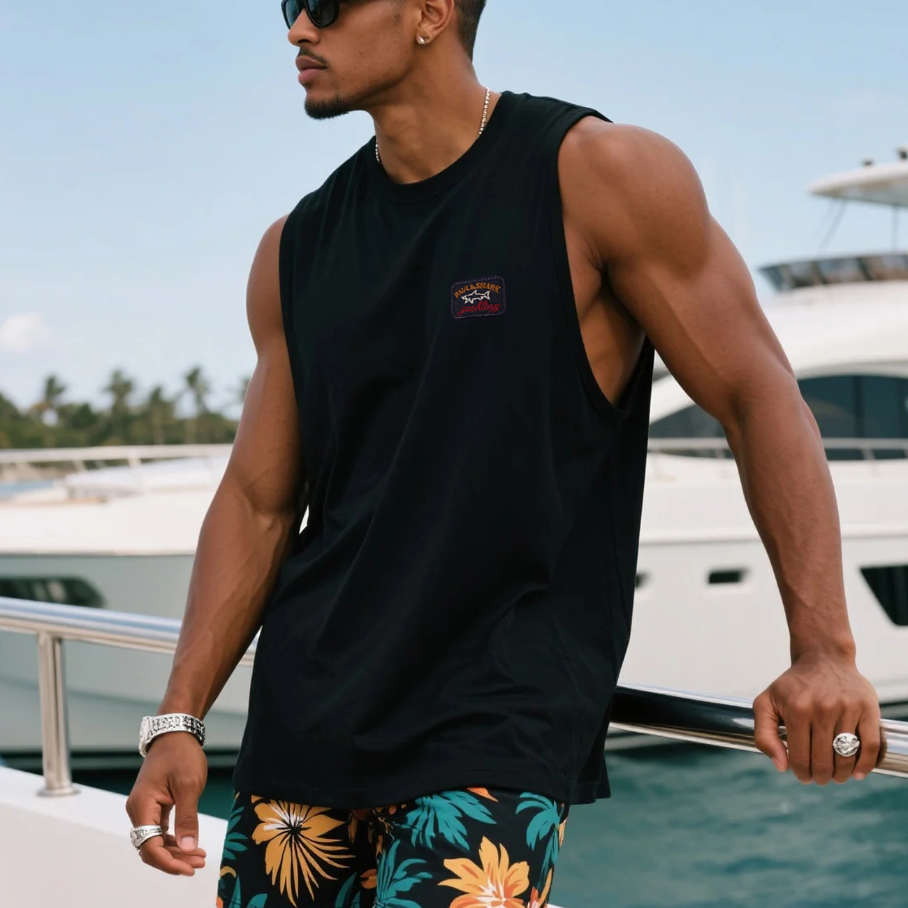 Men's Loose Comfortable Cotton Yacht Club Sleeveless T-Shirt Shark Print Vest