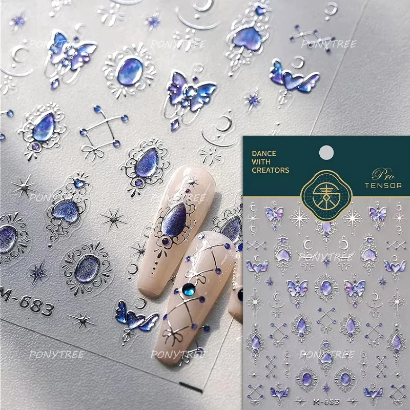 Bayuyun Dreamy Summer Nails – Blue Pink Purple Gradual Flower Petal Butterfly 5D Nail Art Stickers  