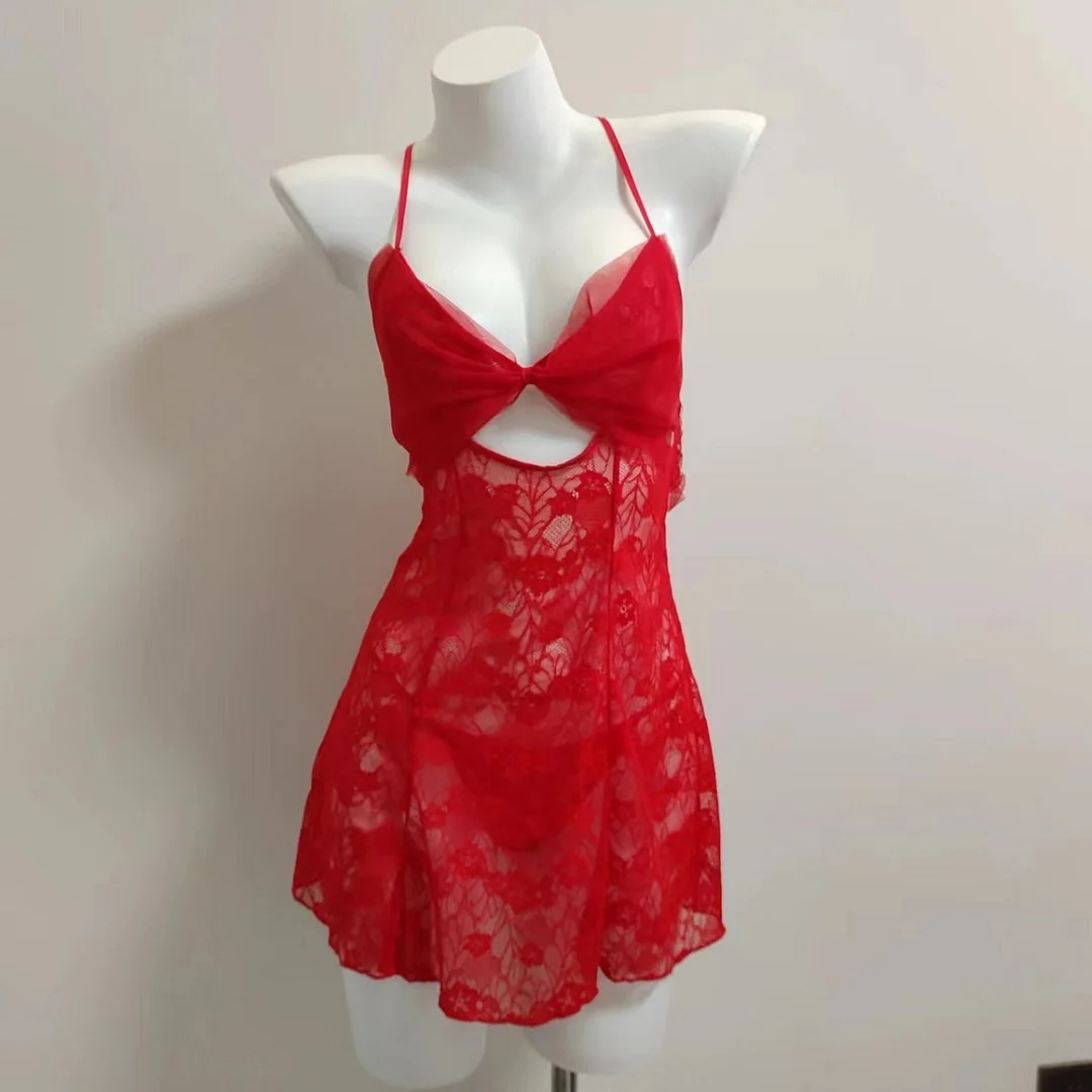 Nigikala Nigikala Pajamas Woman 2025 New Seduction Red Lace Hollow Big Bow Bow Small Breast Slings Sleeping Skirt