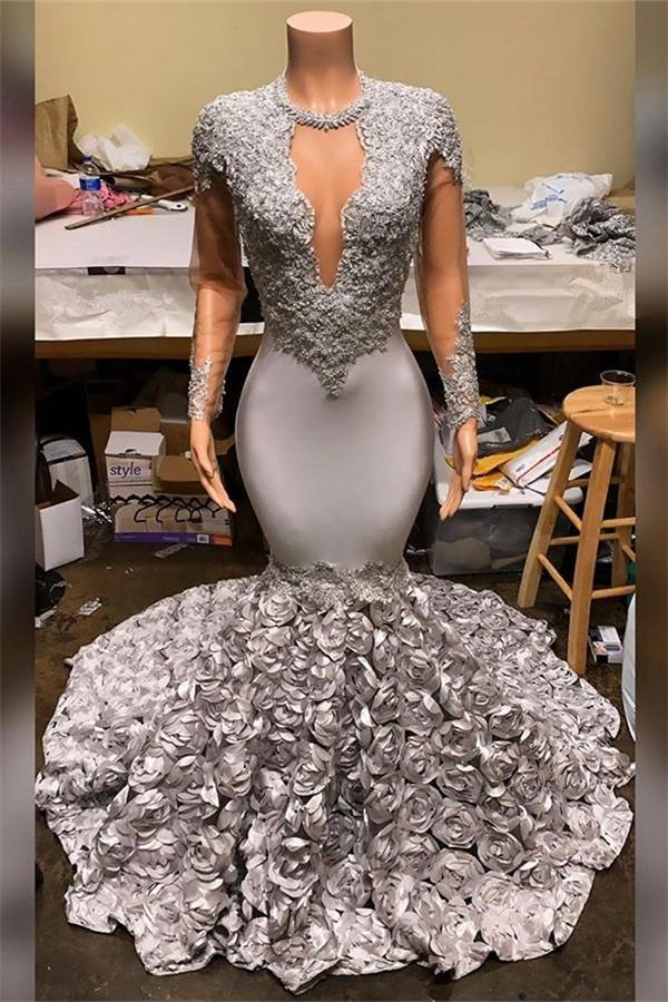 Long Sleeves Elegant Mermaid V-Neck Prom Dress Appliques With Flowers Bottom | Ballbellas Ballbellas