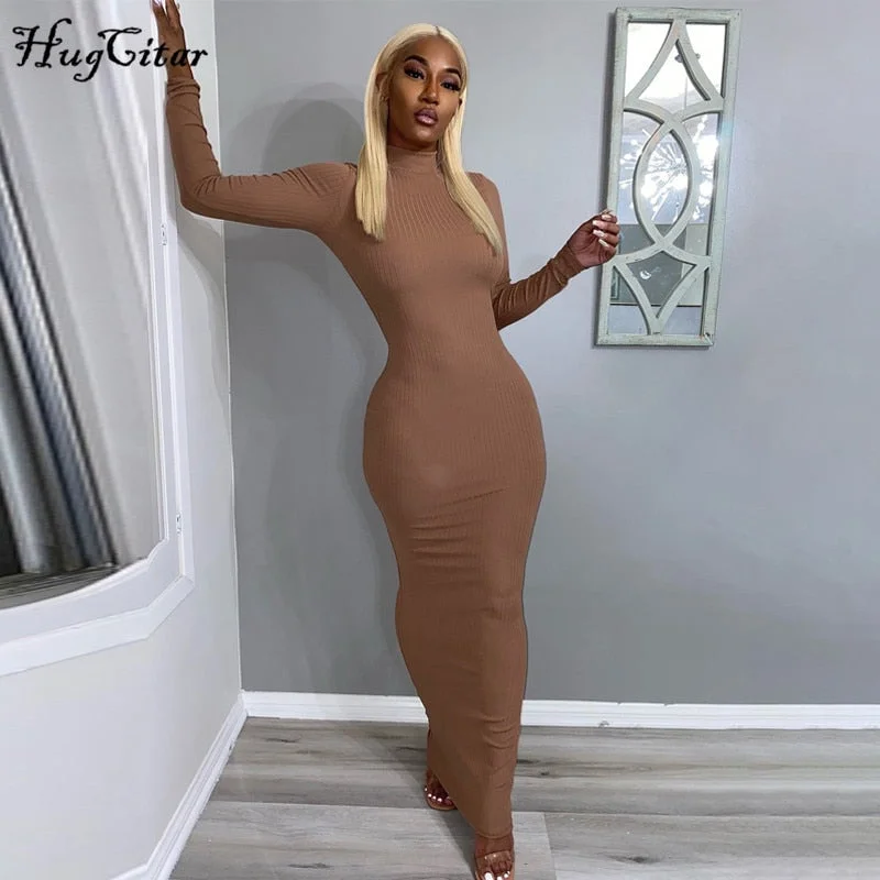 Hugcitar 2020 Long Sleeve Solid Backless Skinny  Ribbed Maxi Dress Autumn Winter Women Fashion Sexy Party Club Outfits