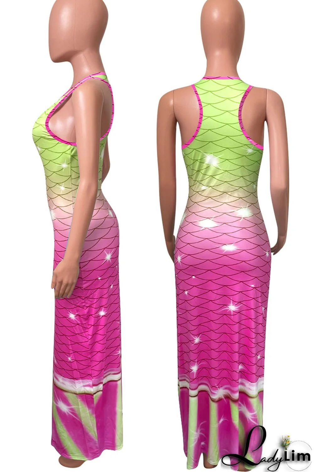 Tangerine Red Casual Print Split Joint U Neck Vest Dress Dresses