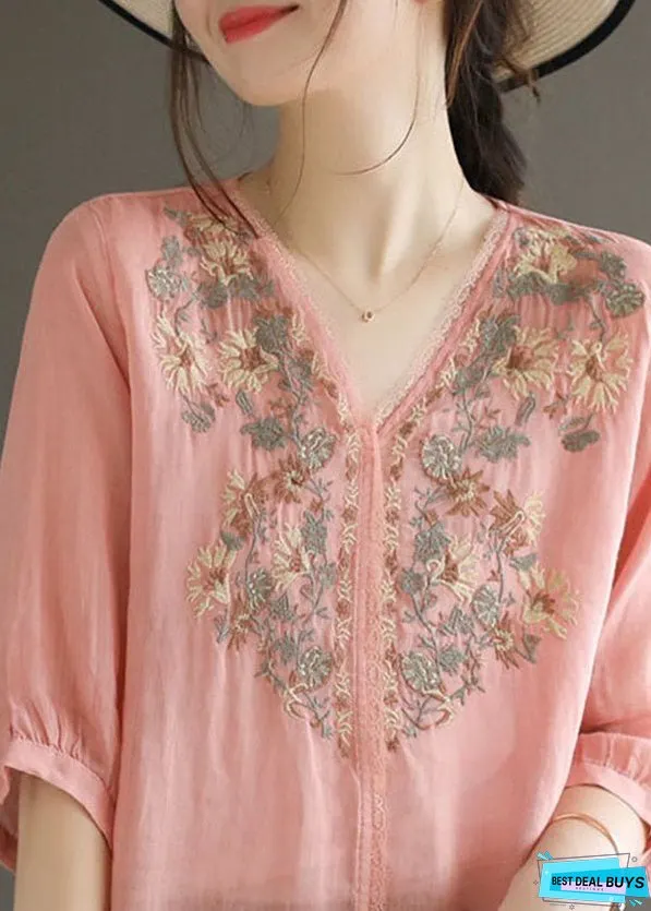 Unique Pink Embroidered Patchwork Linen Tops Half Sleeve